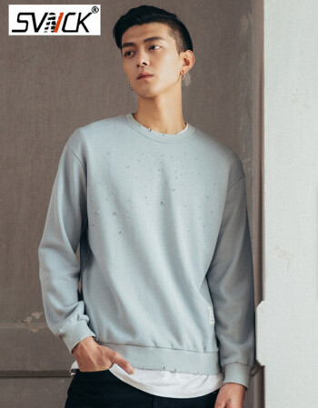 svnck 时尚品牌2018新品 春季新款破洞卫衣男 简约白色套头衫男宽松