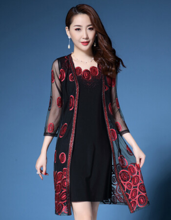 2018春夏二件套四十岁女人连衣裙结婚妈妈装丈母娘婚礼服婚宴 红色 m