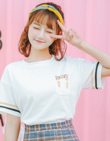 珂梵图女生夏天衣服2018新款韩版短袖小清新学生宽松百搭短款上衣t恤