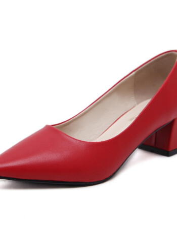 欧洲站新款女士皮鞋粗跟尖头单鞋时尚百搭女鞋李宁特步耐克同款 红色