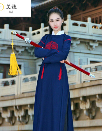 古装服装 女款 圆领长袍放鹤亭 汉服 改良 侠女刺绣唐服q 1 深蓝色
