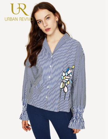 urban revivo ur青春女装冀形领条纹印花时尚开襟衬衫yu32s2bn2002