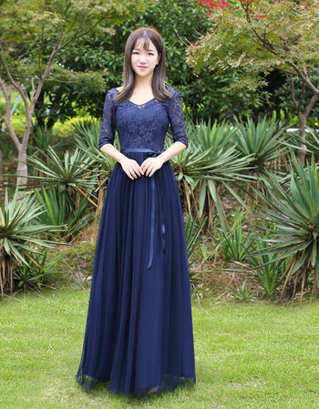 长款宴会长裙女装高贵中袖姐妹团晚礼服秋春季韩版 v领中袖藏蓝色051