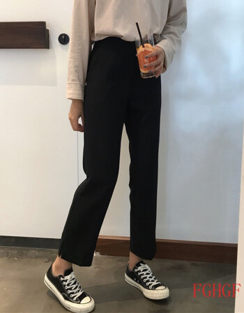 春装女装韩版裤脚开叉宽松显瘦黑色休闲裤学生直筒裤九分裤西装裤