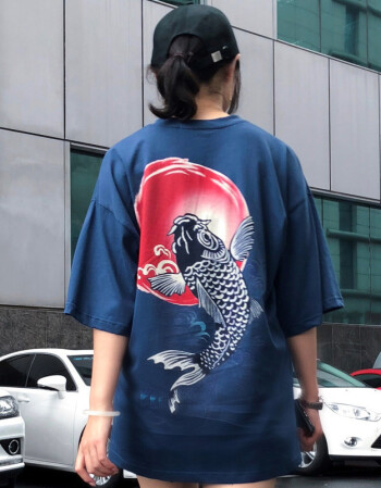 freamve鲤鱼印花浮世绘中国风t恤潮男女情侣同款短袖gyastal-18ly