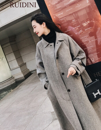 春装新款韩版宽松毛呢外套长款过膝灰色人字纹森系呢子大衣女 浅灰色