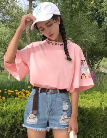 春秋七分袖t恤女12-15岁短袖体恤13初中学生上衣服14小女孩大童 粉色