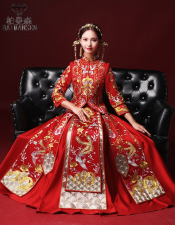 柏曼森秀禾服新娘礼服中式嫁衣旗袍复古婚纱2018春季新款凤冠霞帔龙凤