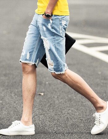 丹杰仕2016新款港仔日系潮男破洞牛仔短裤潮 水洗漆点