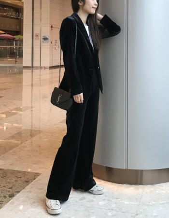 金丝绒西服外套气质套装可单拍天鹅绒修身小西服外套女 黑色微喇裤 s