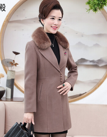装秋装外套40-50岁长款毛领毛呢大衣中老年女装大码呢子上衣 咖啡色