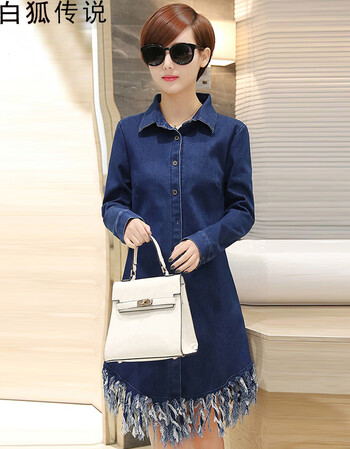 白狐传说2016春季新款韩版修身显瘦流苏牛仔