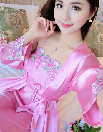 2018新款女士睡衣春季长袖仿真丝绸吊带裙性感两件套浴袍夏家居服