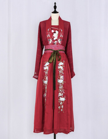 2018新款传统汉服花嫁日常黑红刺绣花婚服对襟齐腰襦裙古装风 红色四