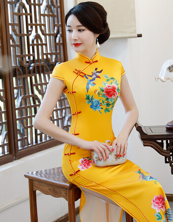 鑫淼夏季2018新款真丝丝绸长款优雅气质复古改良大码旗袍走秀演出服女