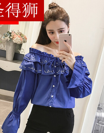 2018春夏装新款初中学生一字领露肩上衣少女小清新时尚长袖小衫潮