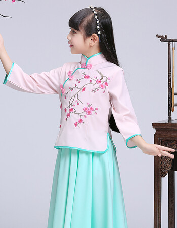 女童改良旗袍2018款唐装儿童中国风公主连衣裙小学生绣花汉服夏 粉红