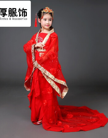 新款儿童古装女童汉服拖尾小贵妃装唐朝公主仙女装演出服子 红色 拖尾
