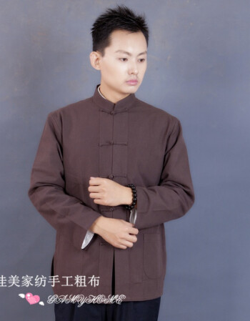 中国风老粗布棉汉服 男士唐装长袖长衫 男式居士服 咖啡色 180/42