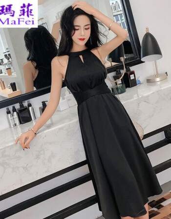生夏季韩版名媛气质挂脖无袖礼服裙子绑带修身显瘦大摆连衣裙女 黑色