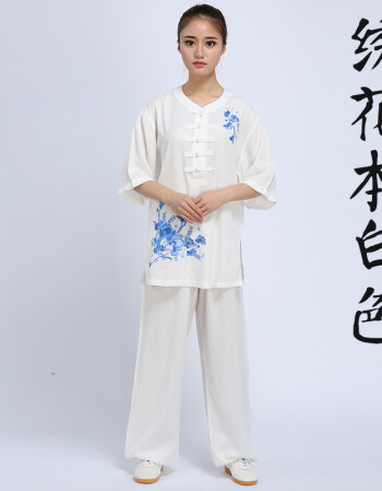 太极服棉麻 夏季短袖绣花武术服 中半袖女士太极拳练功服装 本白色新