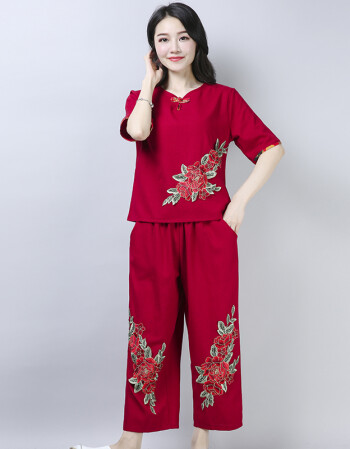 珂梵图民族风棉麻套装女时尚两件套2018新款重工绣花短袖上衣阔腿裤