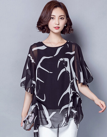 女士夏天衣服2019新款时尚半袖沙料小衫宽松大码中长款上衣女短袖