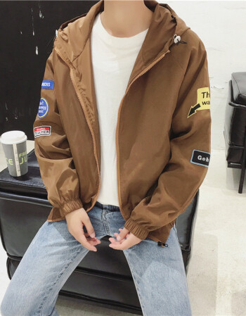 棒球服男连帽夹克衫男春秋休闲韩版潮流学生宽松运动外套 sk03#棕色