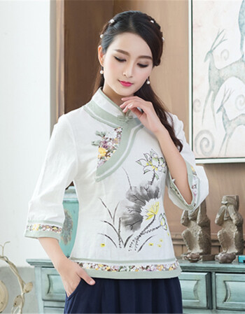 2018中国风改良中式旗袍唐装女盘扣茶服七分袖提花上衣禅服 米白色 m
