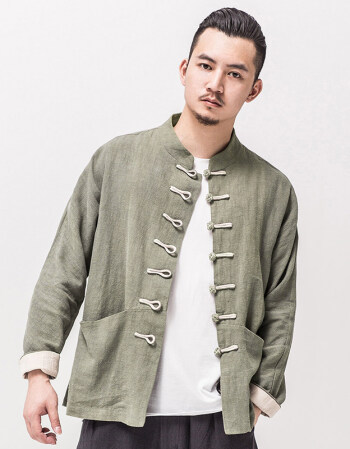 汉服春季唐装男青年汉服汉服古风盘扣外套禅服复古风中式新品 灰绿色