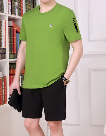 短袖短裤运动套装男士两件套中老年运动服宽松薄款中年运动衣 草绿色