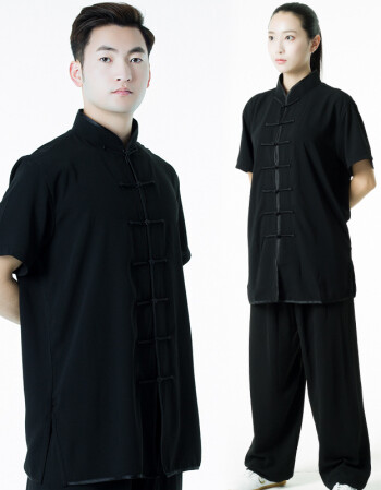 夏季短袖太极拳服女中老年透气晨练服武术练功服表演服 短袖-黑色 s