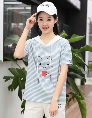 夏尔维纳少女短袖t恤 2018夏季新款韩版学院风初中女学生条纹上衣休闲