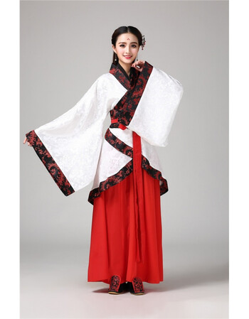 新款汉服女曲裾传统表演古装汉族学生古风礼古典演出服装 红色 提花女