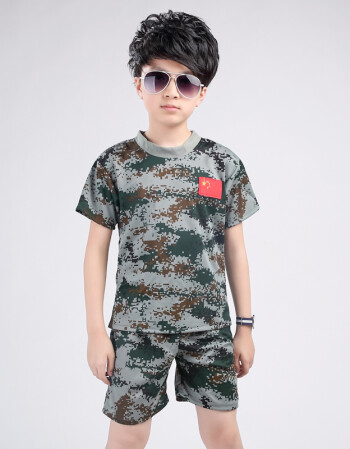 儿童迷彩服男童野战特种兵套装空军迷彩服军训夏令营夏季短袖t恤 绿色