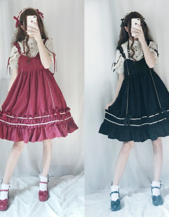 软妹服洛丽塔洋装日常连衣裙lolita裙夏季jsk带连衣裙 衬衫 红色发带