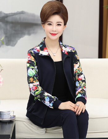 妈妈秋装套装40-50岁中老年女2018新款中年春秋休闲运动服两件套 藏青