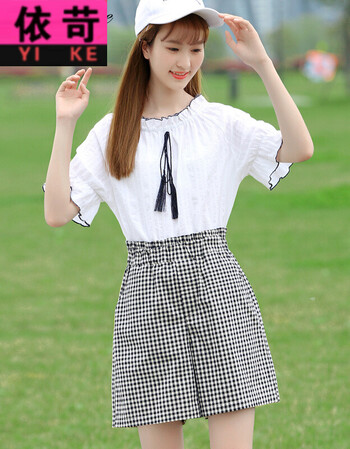 依苛2018夏季女装韩版少女短袖t恤女学生甜美小清新时尚休闲套装初中