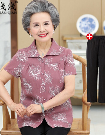 喜浅浅夏装夏季中老年人女装夏装短袖套装60岁老人衣服女衬衣70老奶奶