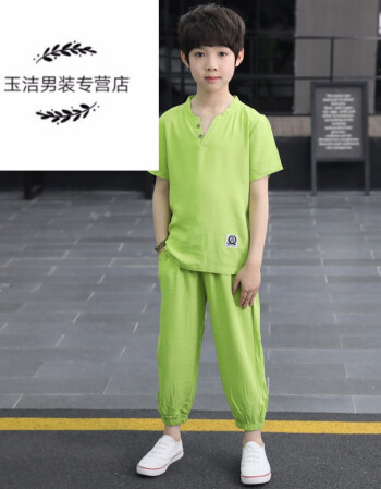 男童棉麻套装2018夏季童装 男孩帅气夏装9分裤子3-12岁两件套lj 绿色