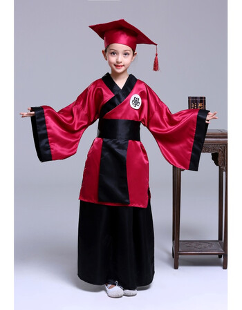 服汉服古装美女三字经博士书男童幼儿园小孩v古装国学酒红服装童女款一脱上衣猜拳图片
