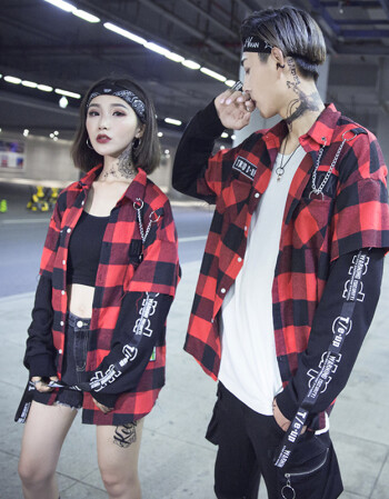 潮牌飘带假两件格子衬衫男欧美街头嘻哈hiphop街舞衣服宽松bf长袖