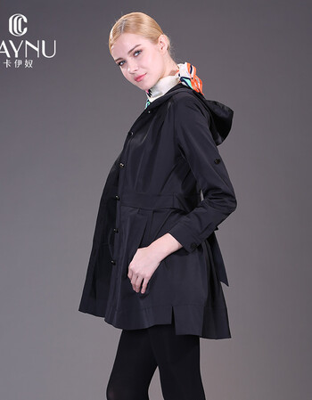 caynu卡伊奴2015春秋新款带帽风衣外套中长款修身风衣