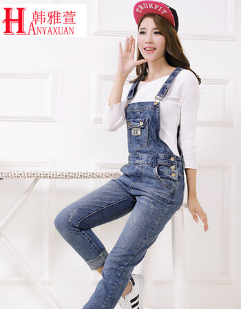 韩雅萱2016春季新款 韩版时尚百搭背带牛仔裤女 修身背带小脚裤女