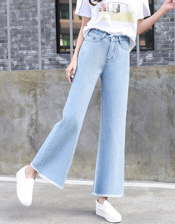 春秋高腰阔腿牛仔裤女宽松毛毛边浅蓝色软妹直筒九分裤子复古学生 浅