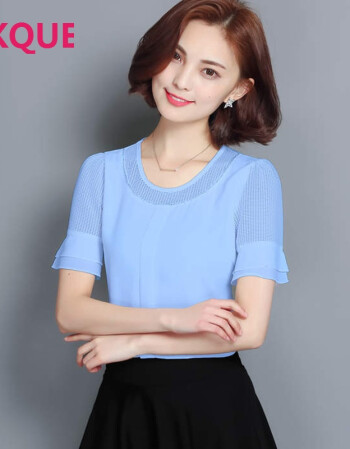 女衣服修身韩版喇叭袖上衣 夏天女装纯色百搭显瘦短袖雪纺衫s1 浅蓝色