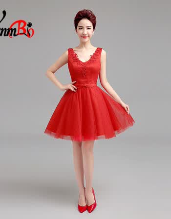 帛(vanmbo)2016春季新款礼服双肩显瘦网格纱敬酒服婚礼短款时尚晚礼服