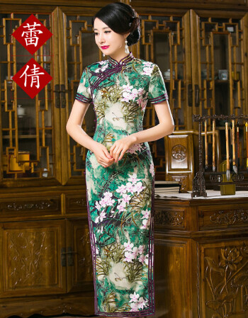 改良旗袍长款长旗袍丝绸气质复古中式礼服修身旗袍连衣裙 中长款 图片