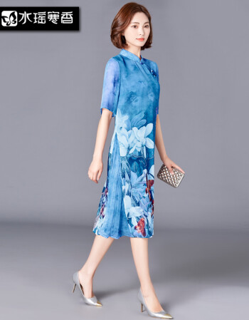 水瑶寒香高端桑蚕丝真丝连衣裙2017春夏新款印花真丝裙妈妈装大码