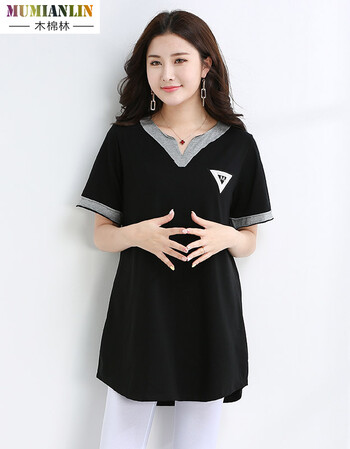 木棉林大码女装中长款t恤女v领胖mm夏季新品纯棉体恤6063 黑色 2xl